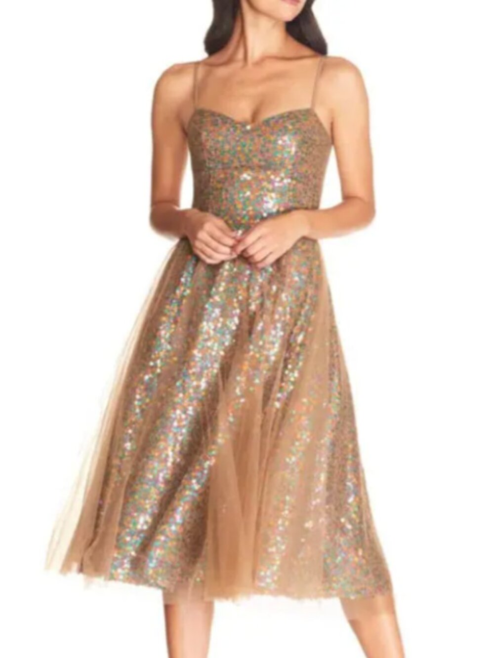 NWT Dress the Population Ensley Sequin Tulle Dress in Nude Multi Colors Size XXS